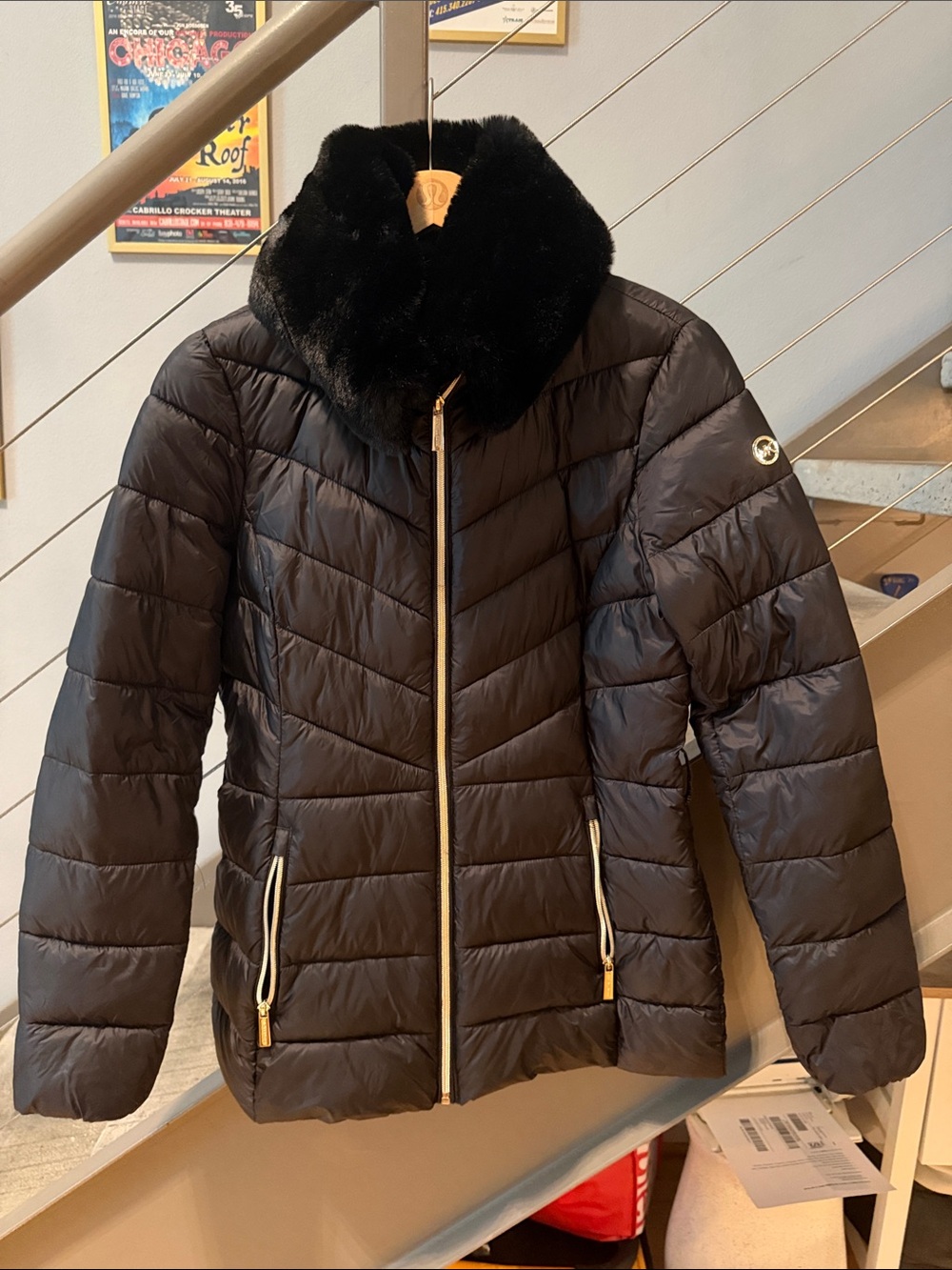 Michael Kors Chevron Quilted Puffer Jacket Black Faux Fur Collar Small
